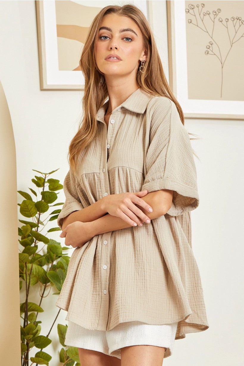 Taupe Cotton Button Up
