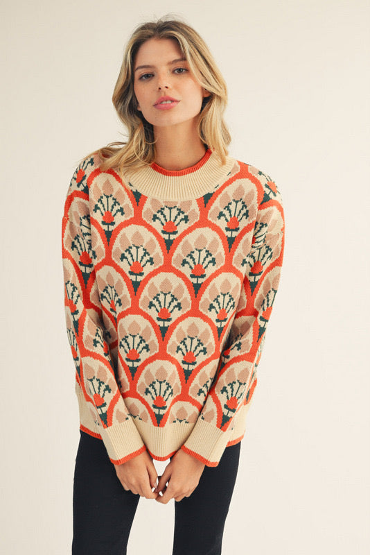 Rust Boho Floral Sweater Top