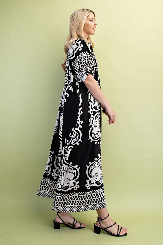 Black Print Short Puff Sleeve MIDI Dress