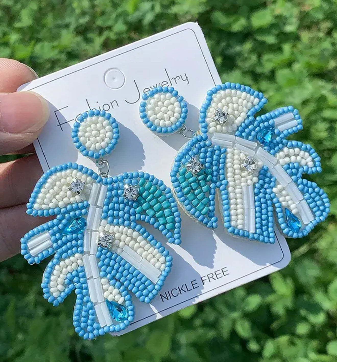 Tropical Leaf Beaded Earrings- Blue