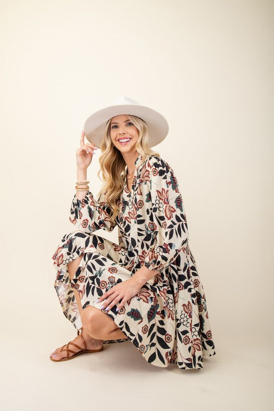 Floral Burgundy Printed 3/4 Sleeve Dress