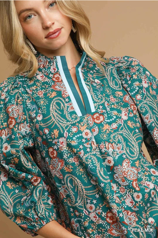 Teal Mix Floral Split Neck Blouse