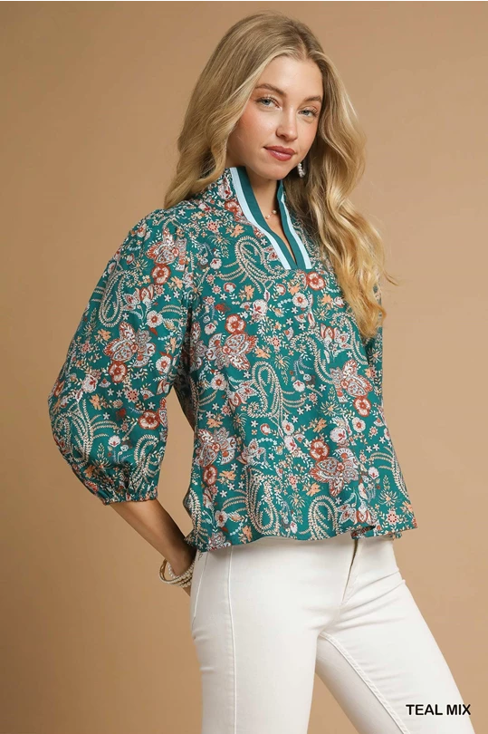 Teal Mix Floral Split Neck Blouse