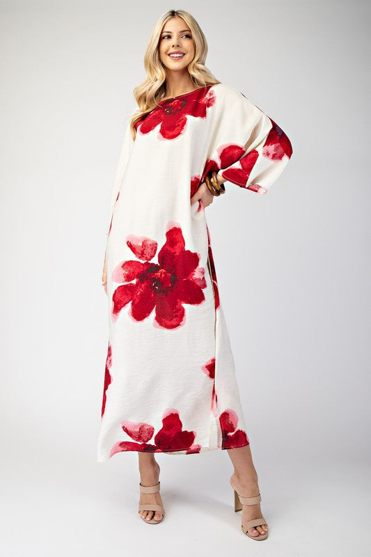 Red Flower Boat Neck Dress