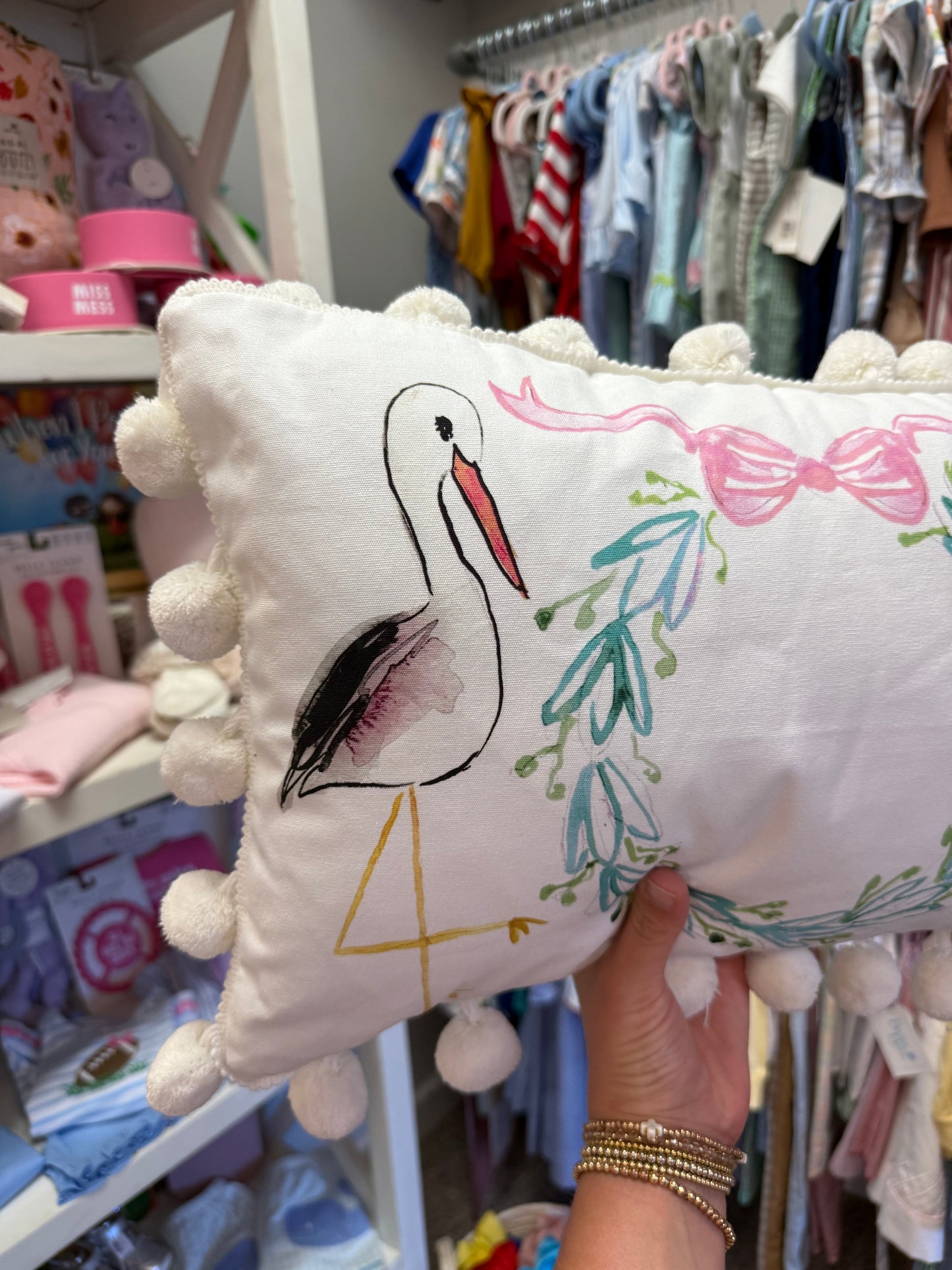 Stork Nursery Pillow with PomPoms