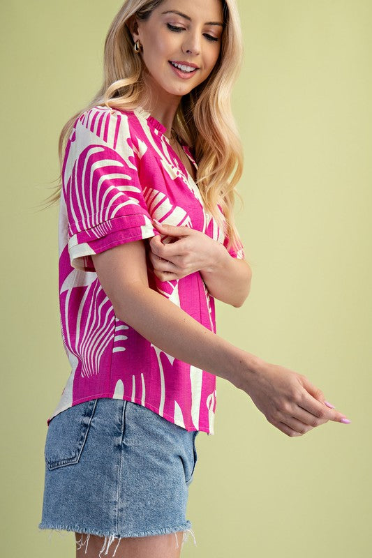 Fuchsia Abstract Mix Button Down Blouse