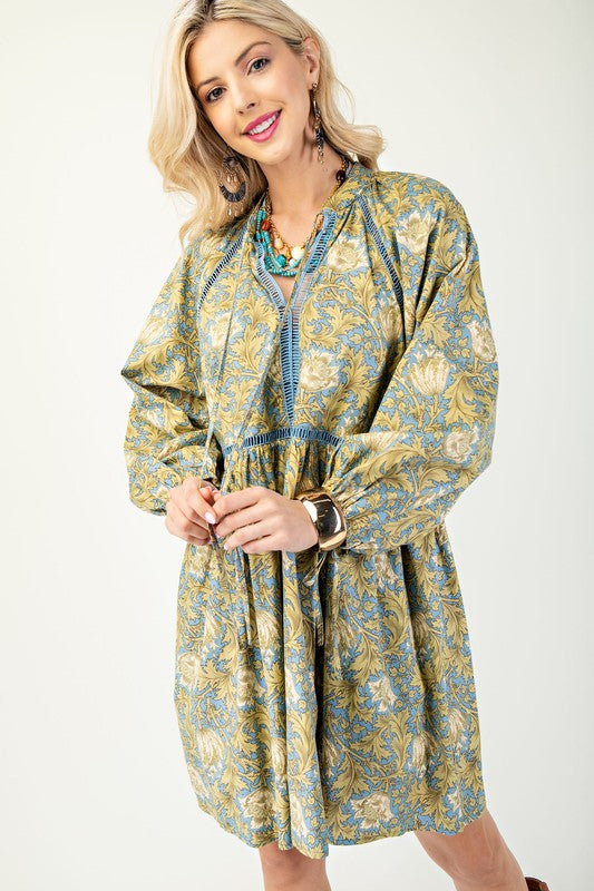 Blue Printed Babydoll Dress