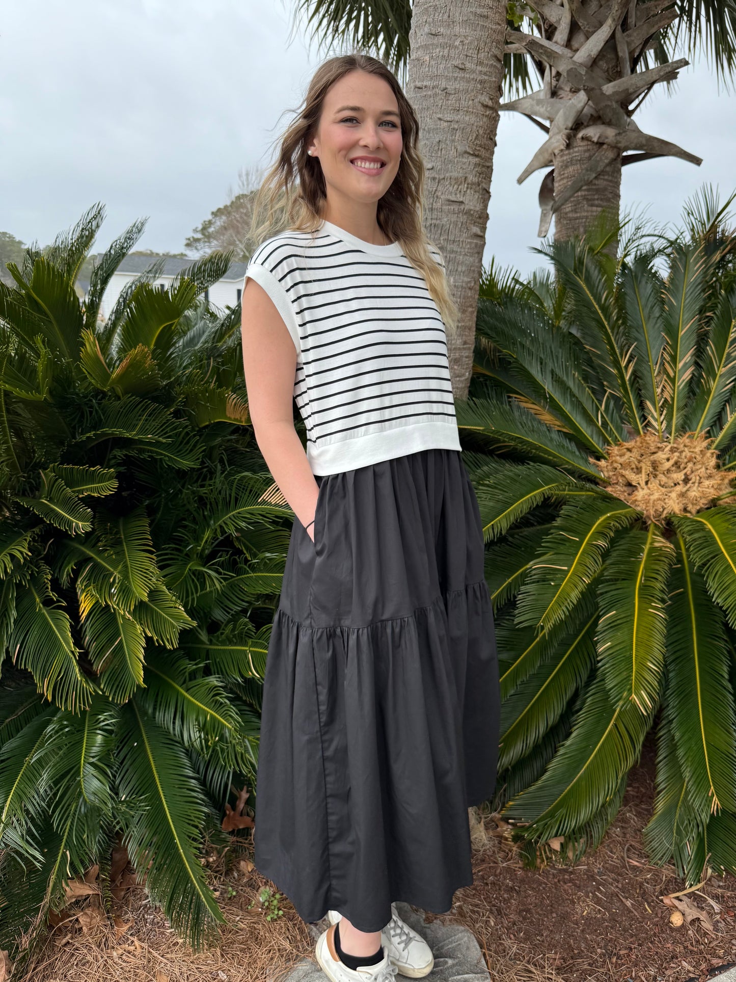 Half Striped A-line Midi Dress
