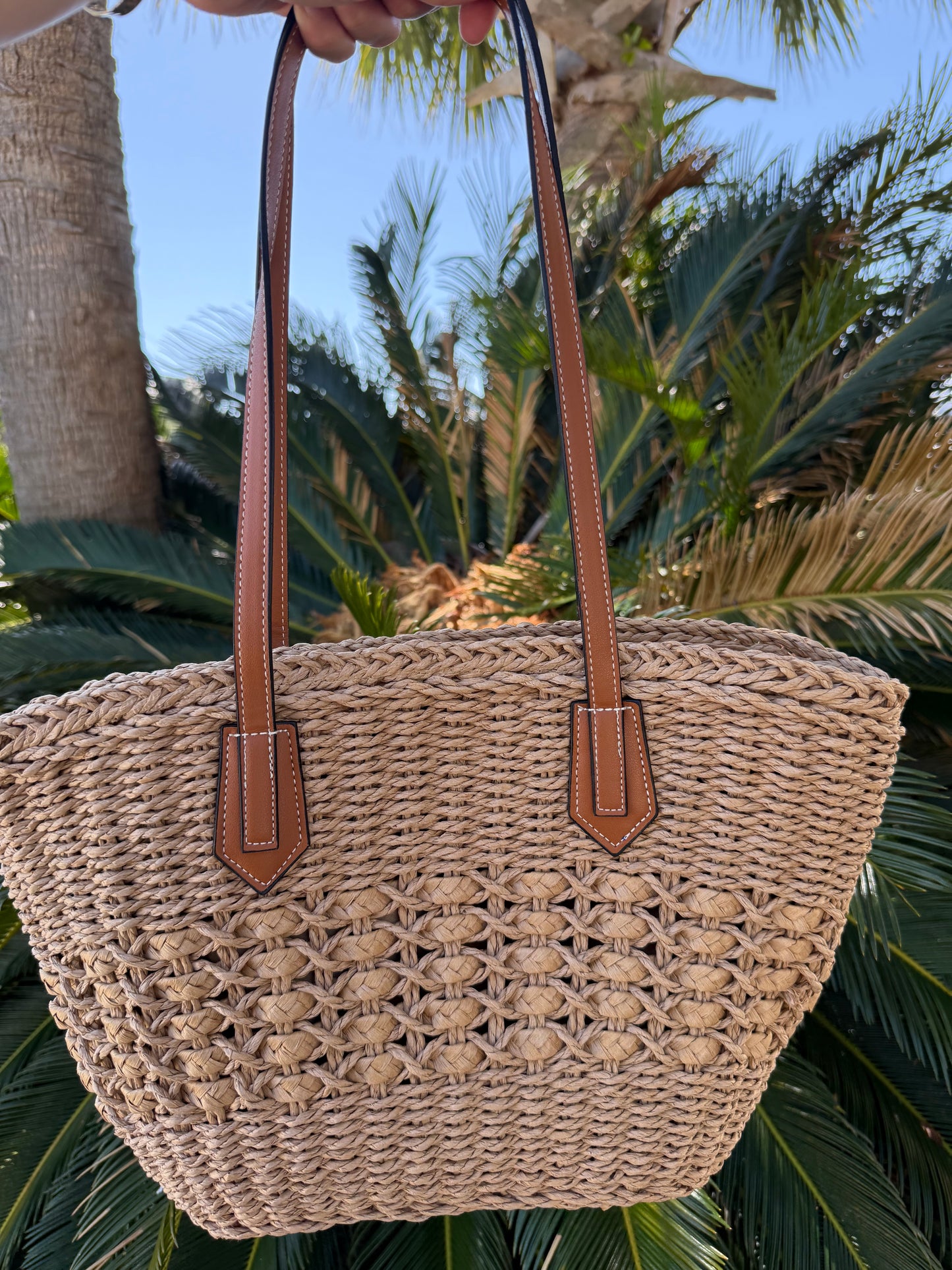 Large Braided Straw Tote Bag Dark
