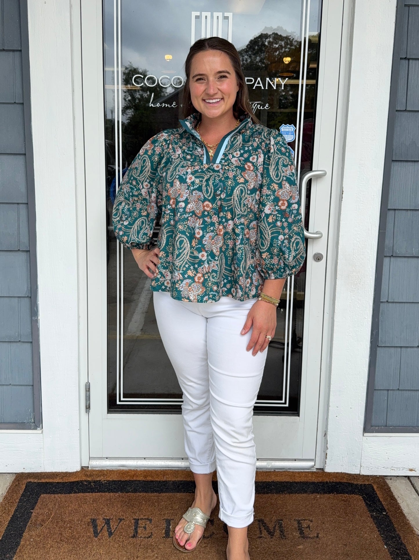 Teal Mix Floral Split Neck Blouse