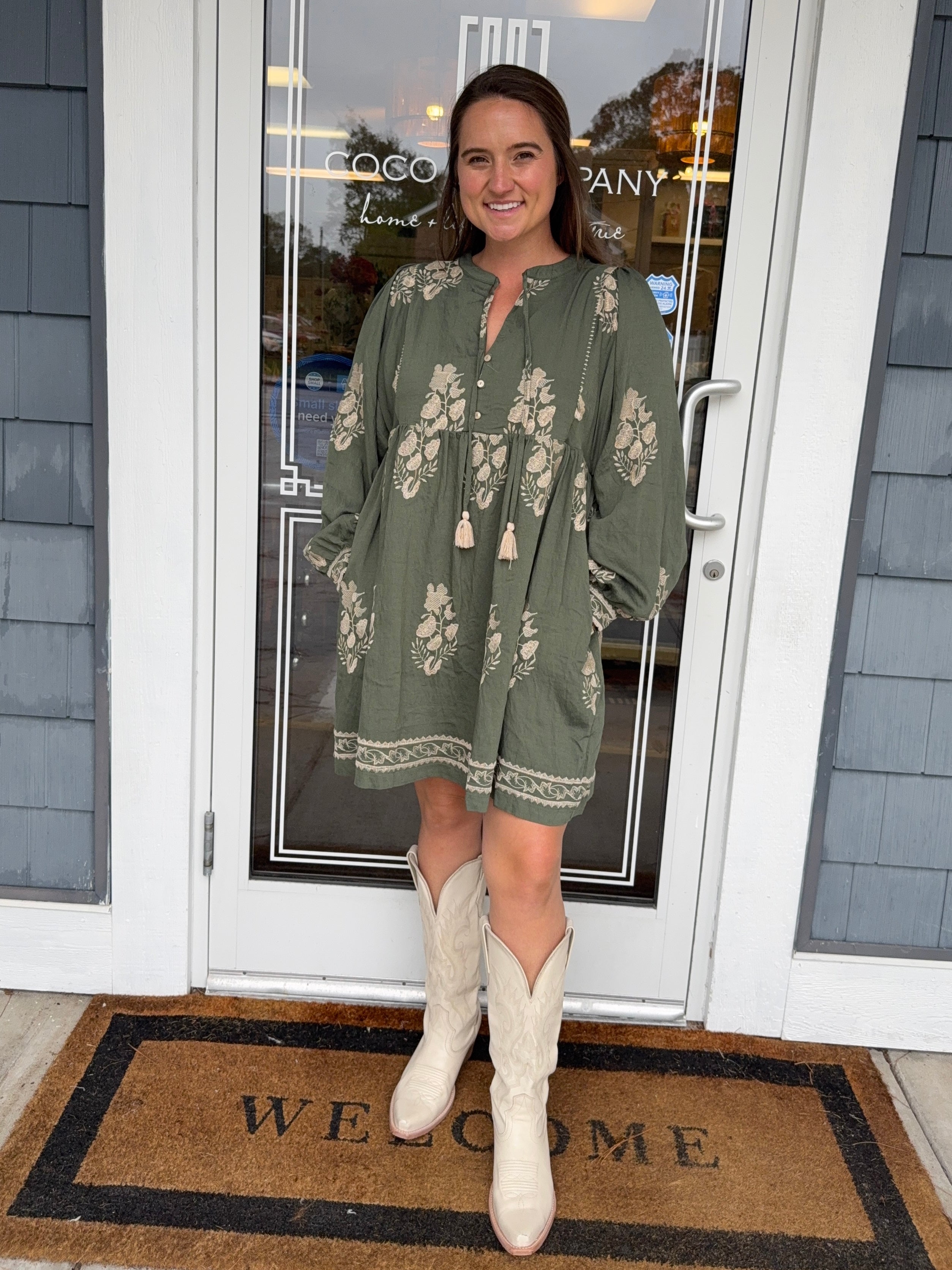 Olive Embroidered Puff Sleeve Dress