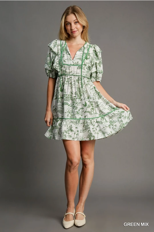 Green Floral V-Neck Dress