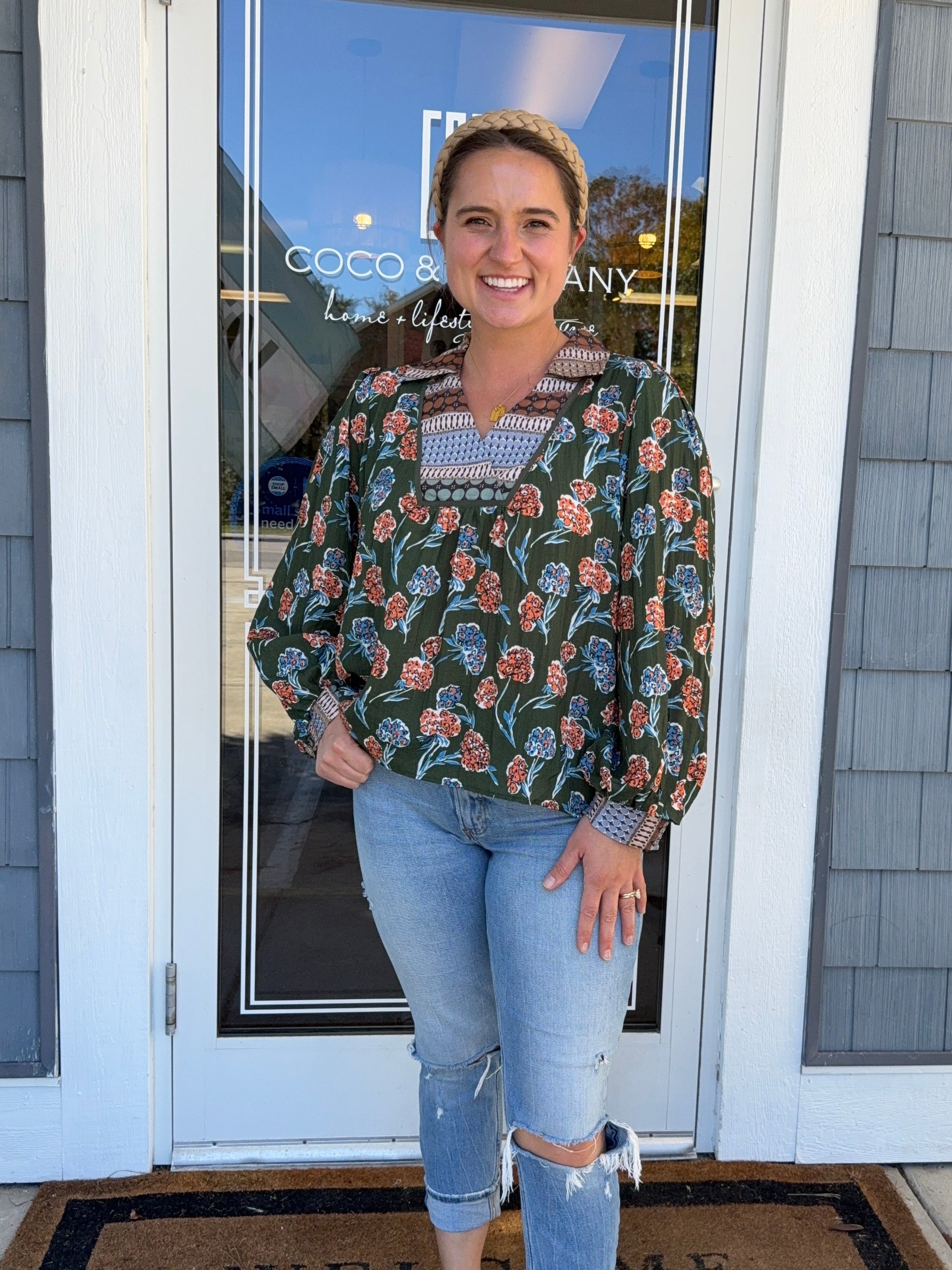 Green Floral Print Collar Blouse