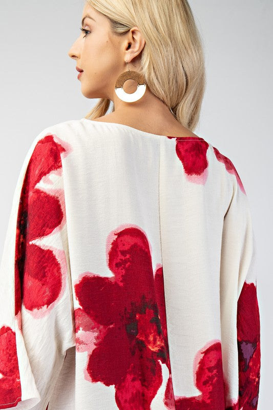 Red Flower Boat Neck Dress