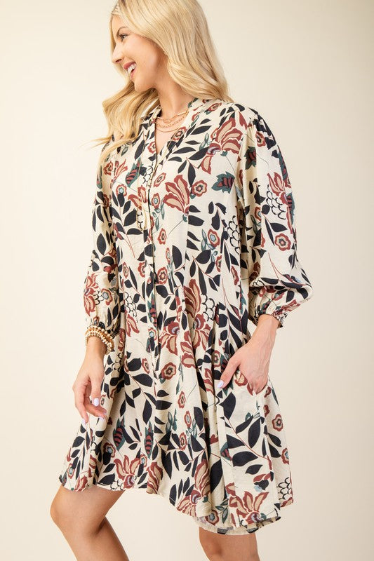 Floral Burgundy Printed 3/4 Sleeve Dress