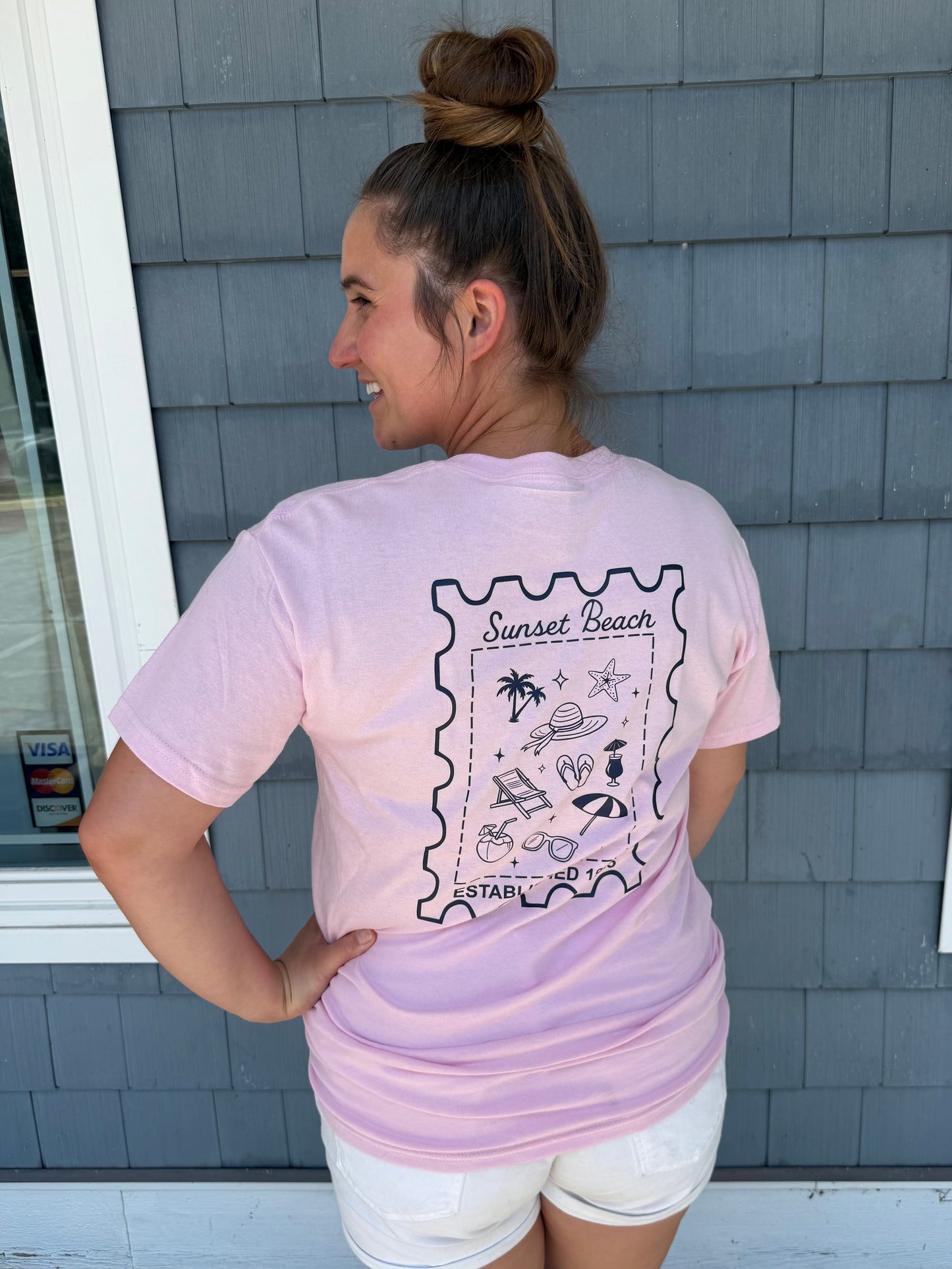 Custom Sunset Beach Stamp T-shirt- Multiple Colors