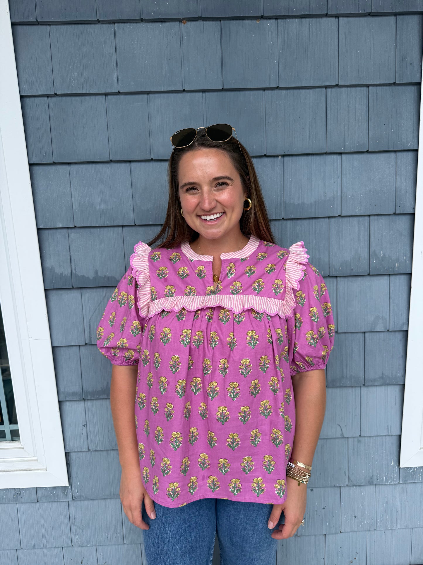 Pink Floral Ruffle Yoke Sleeve Top