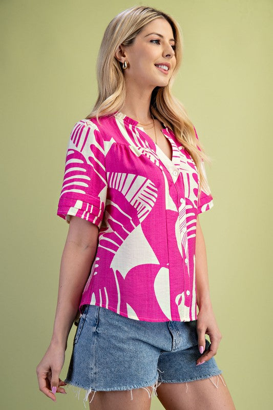 Fuchsia Abstract Mix Button Down Blouse