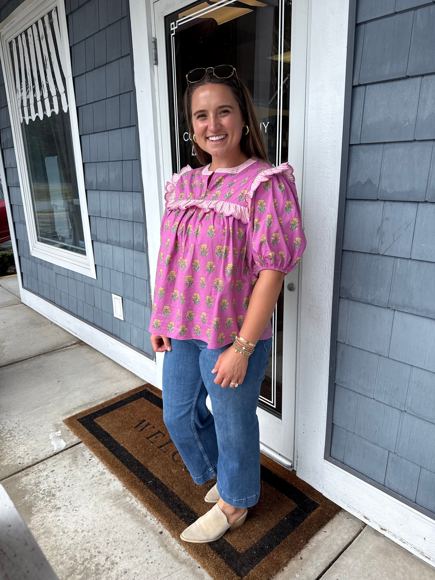Pink Floral Ruffle Yoke Sleeve Top