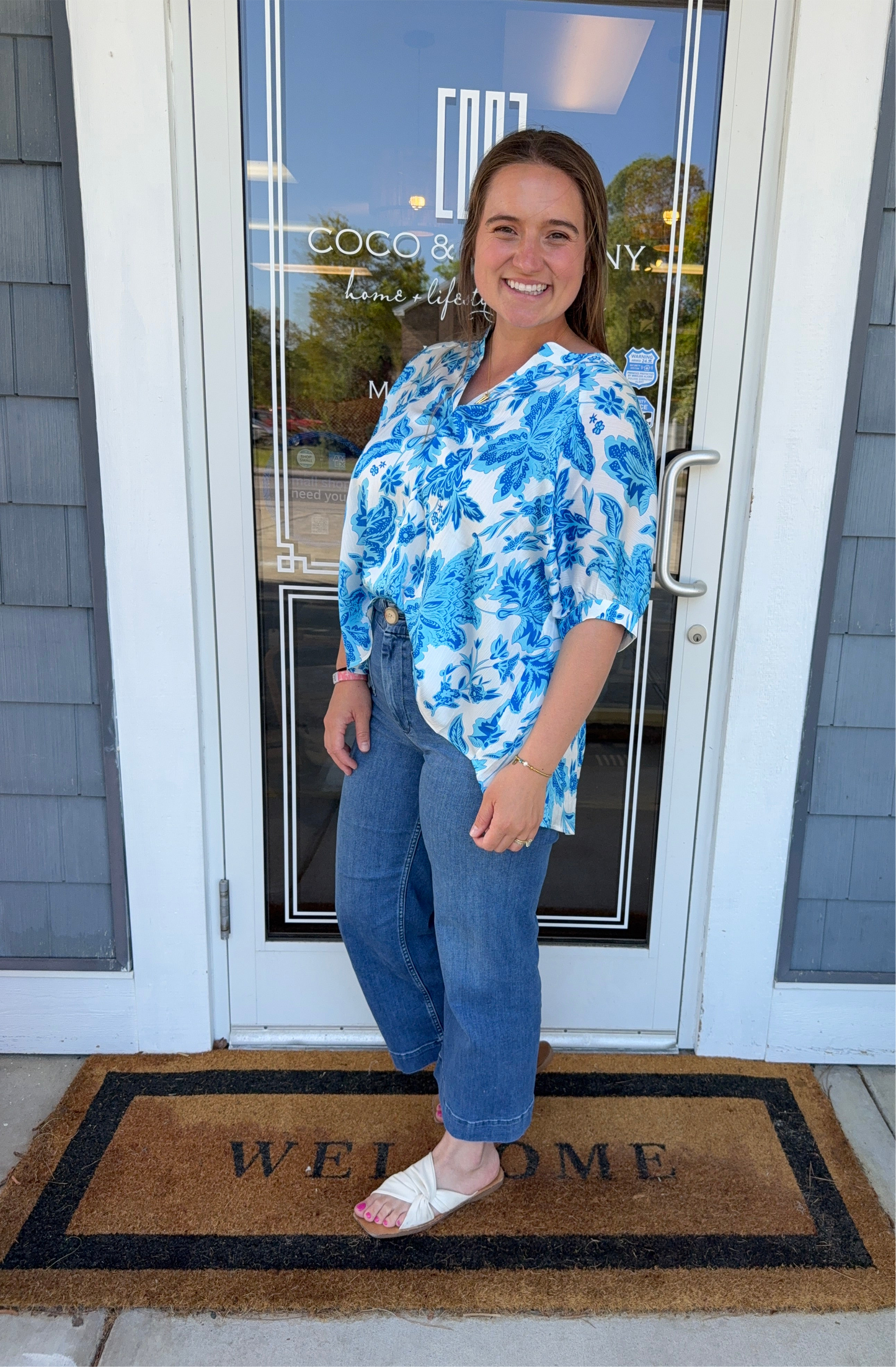 Blue Flower Print Dolman Sleeve Top