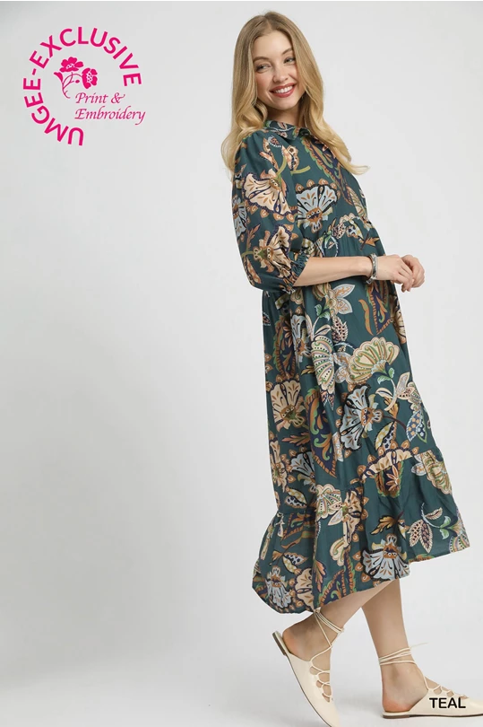 Teal Boho Tiered Midi Dress
