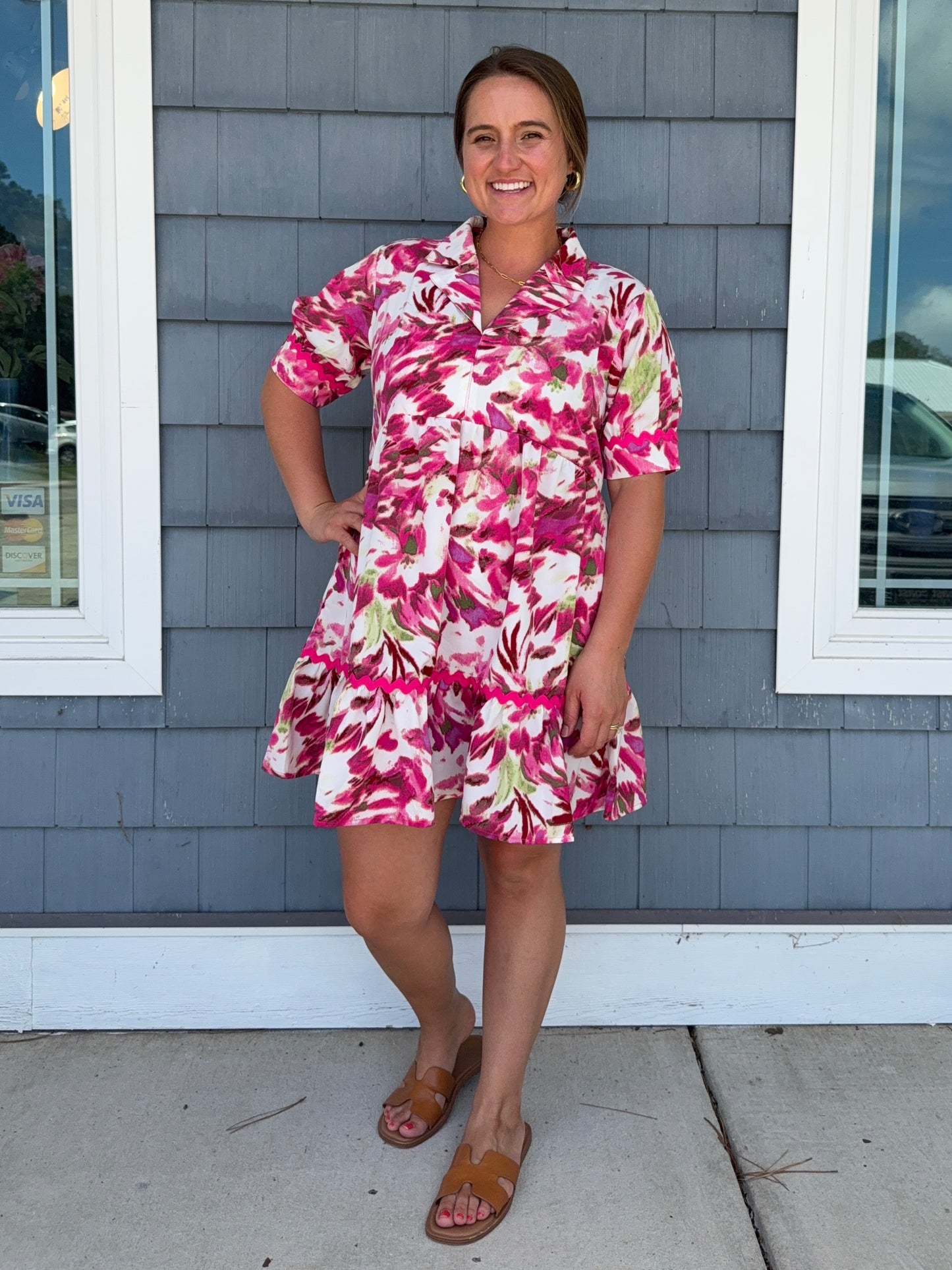 Fuchsia Floral Notched Collared Dress