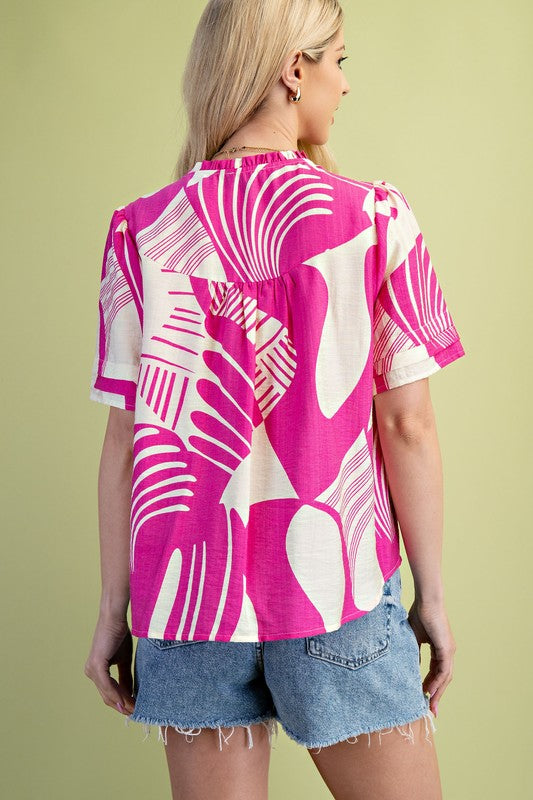 Fuchsia Abstract Mix Button Down Blouse