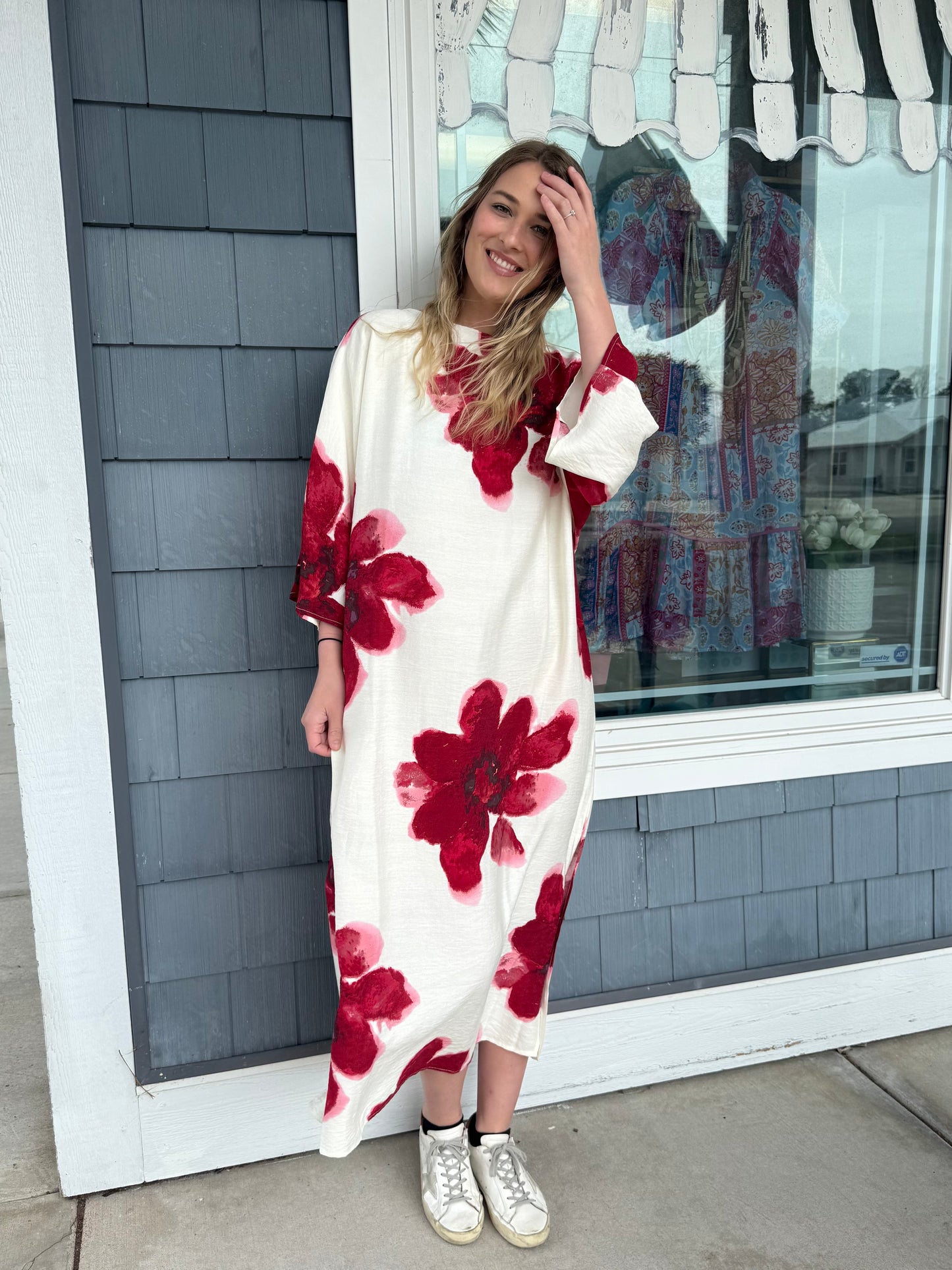 Red Flower Boat Neck Dress