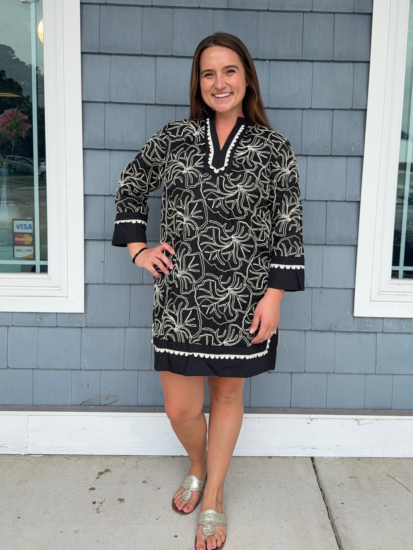 Black Embroidered Notch Neck Dress
