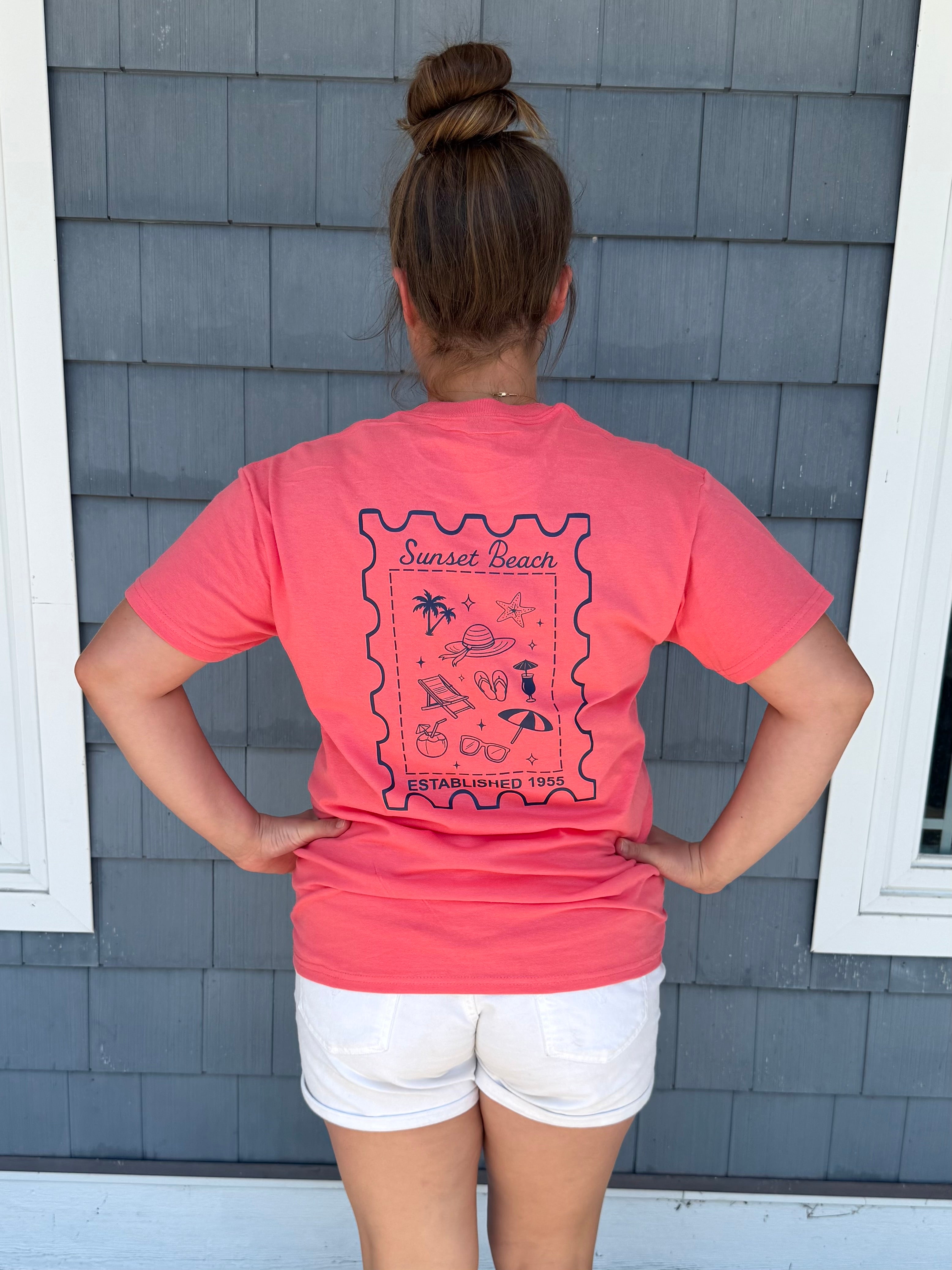Custom Sunset Beach Stamp T-shirt- Multiple Colors