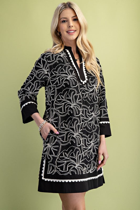 Black Embroidered Notch Neck Dress