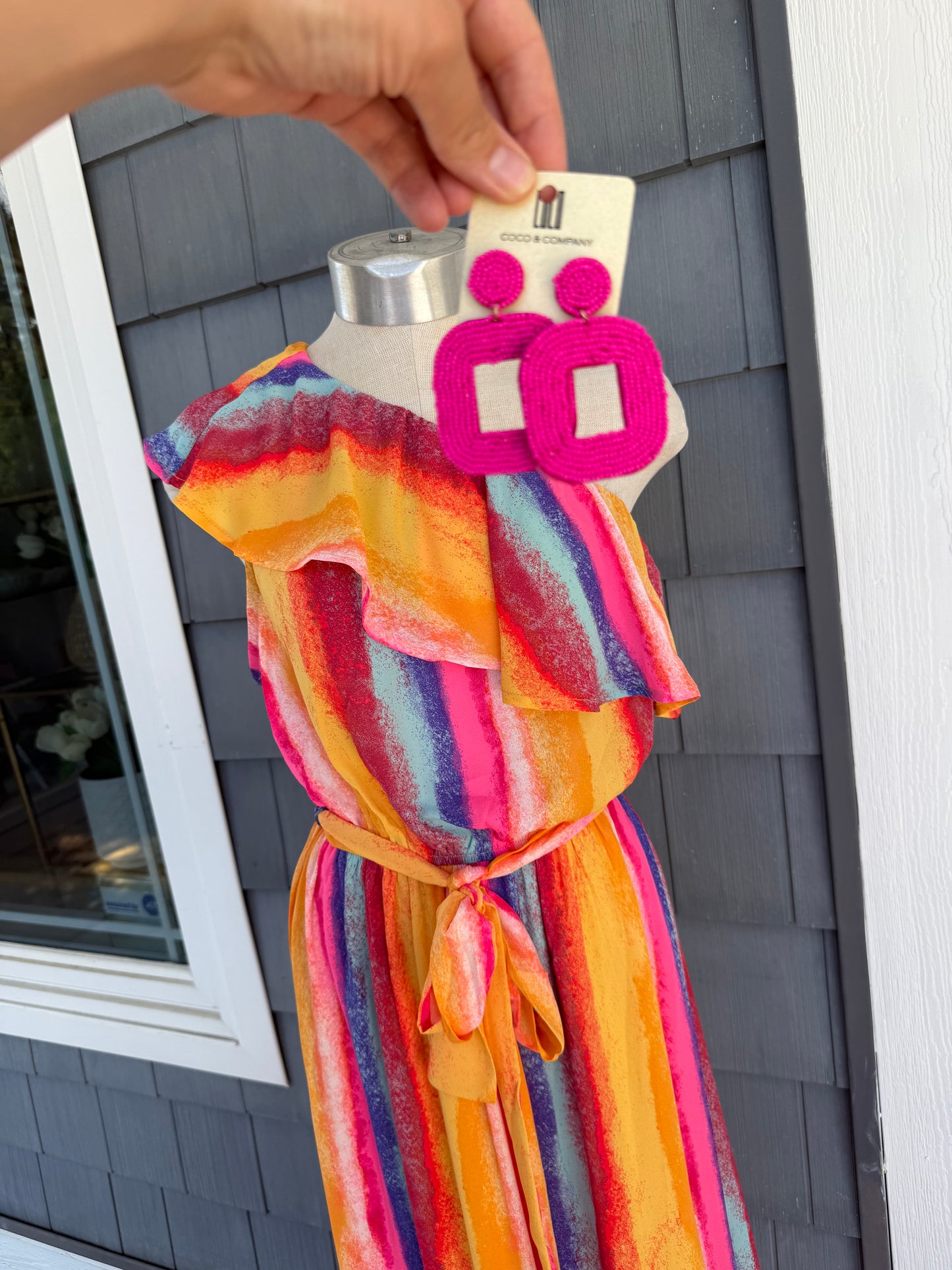 Striped Multicolor Maxi Dress One Shoulder