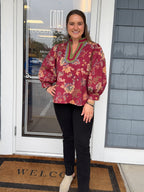 Burgundy Floral Print Scalloped Top