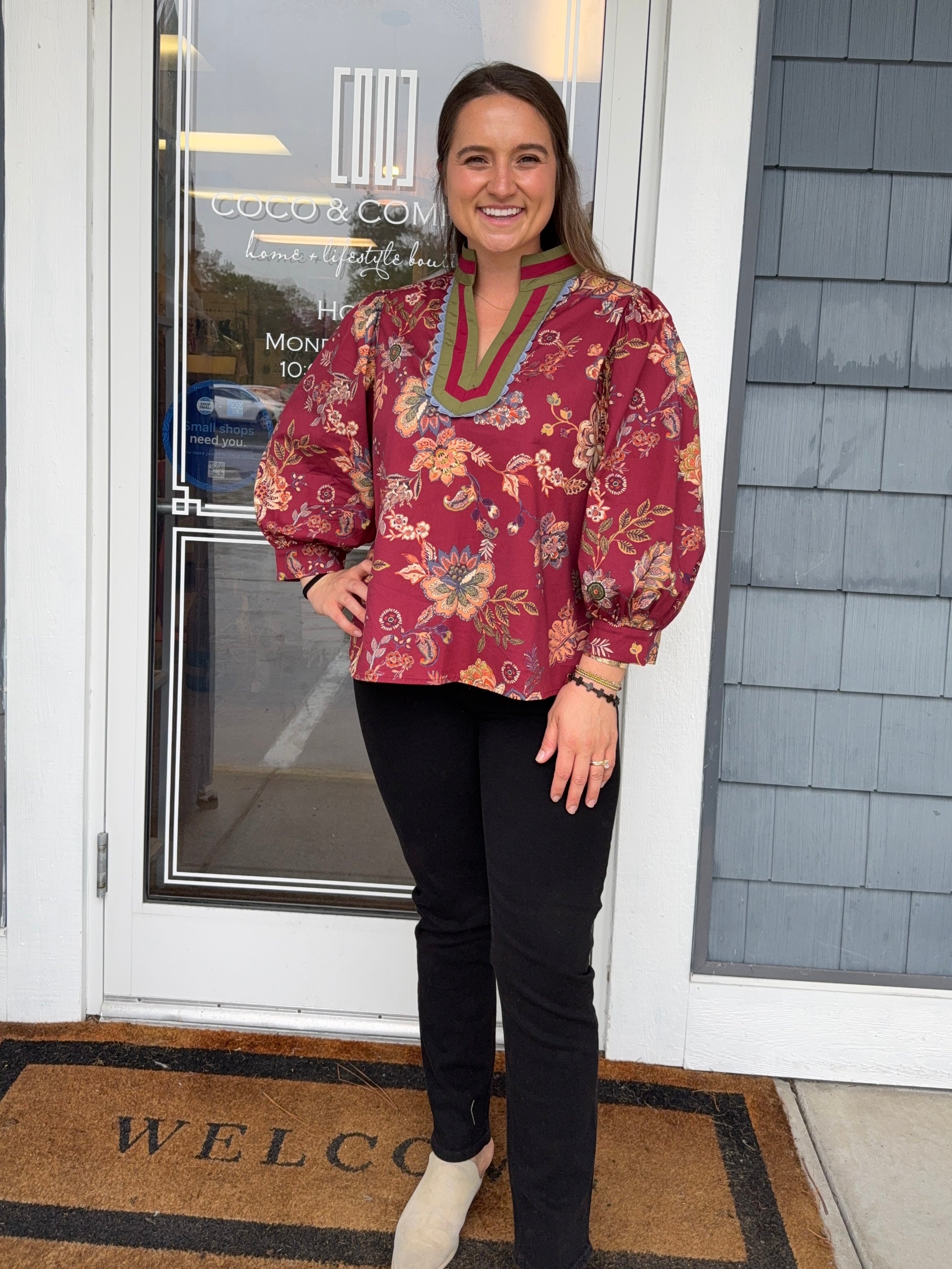 Burgundy Floral Print Scalloped Top