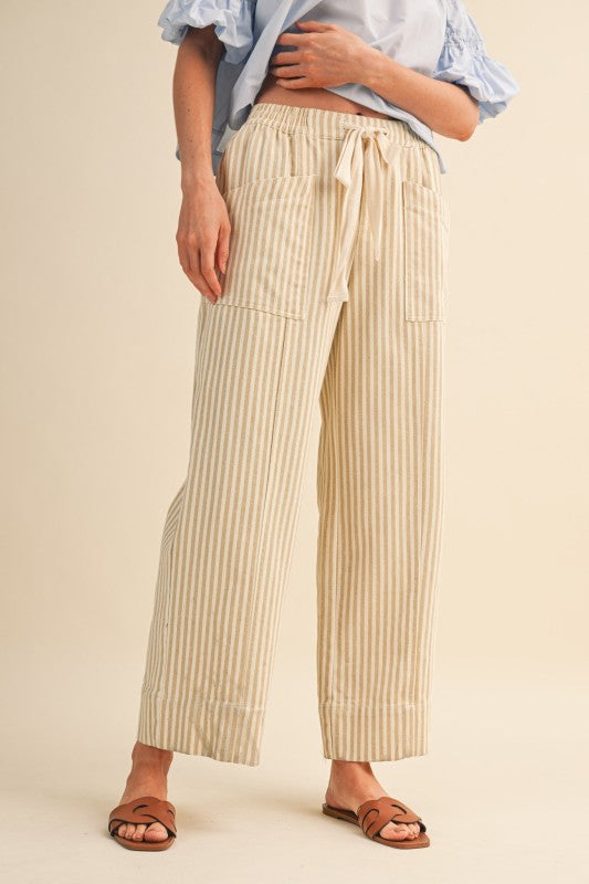 Taupe Natural Stripe Wide Leg Drawstring Pants: Ships or pickup 5/28/26