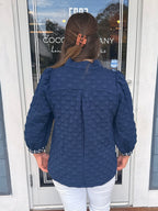 Navy Jacquard Polka Dot Contrast Trim Top