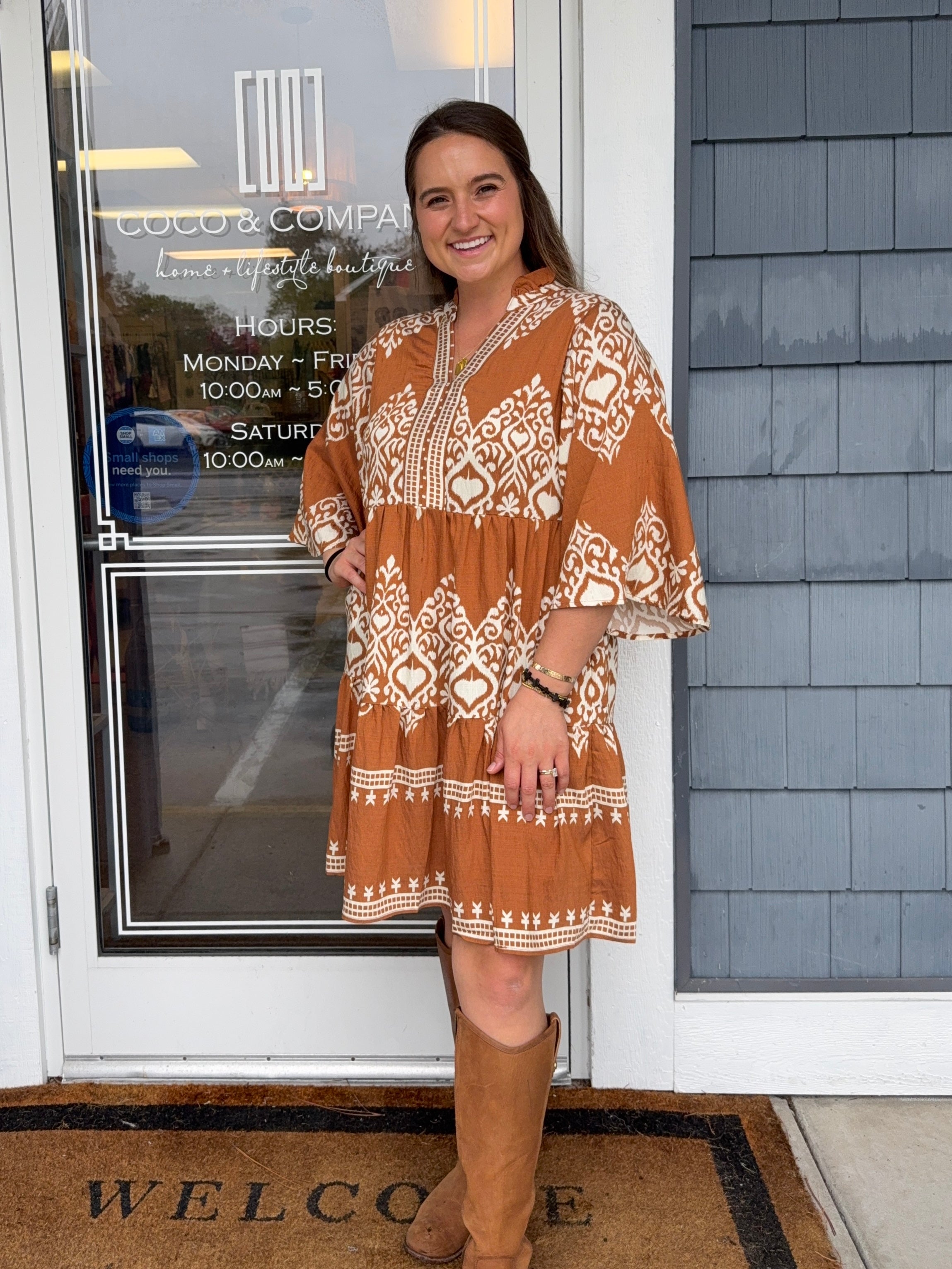 Camel Printed Tiered Dress
