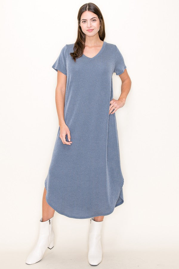 Blue Ribbed V-Neck Maxi Dress