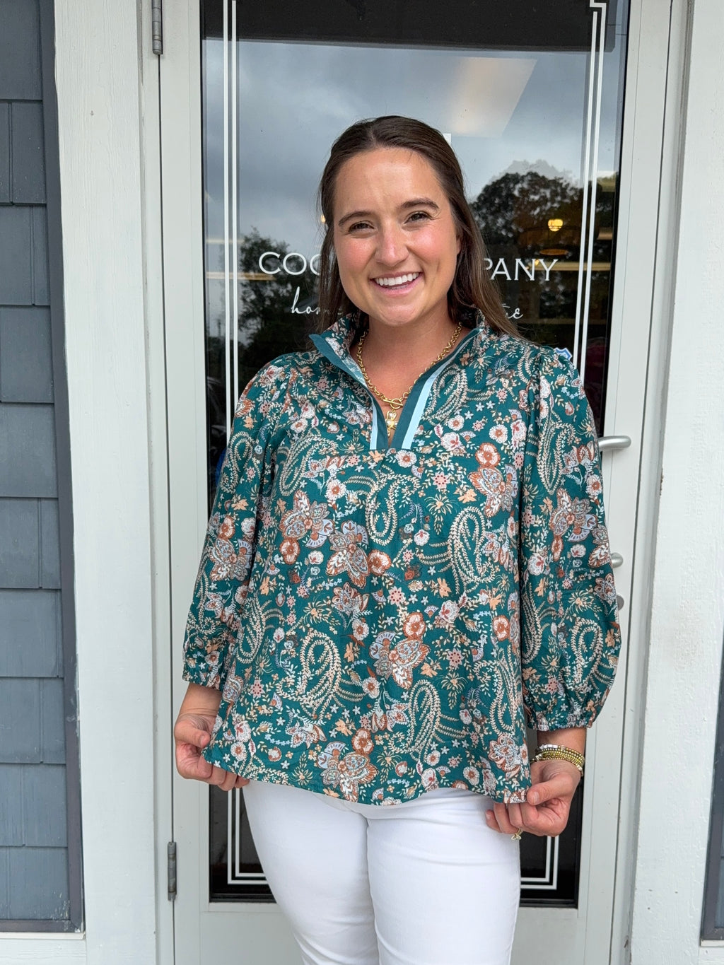 Teal Mix Floral Split Neck Blouse