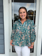 Teal Mix Floral Split Neck Blouse