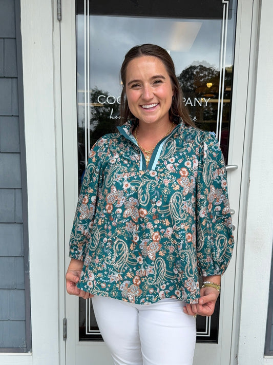 Teal Mix Floral Split Neck Blouse