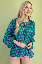 Navy Mix Blouse With Adjustable Tie String
