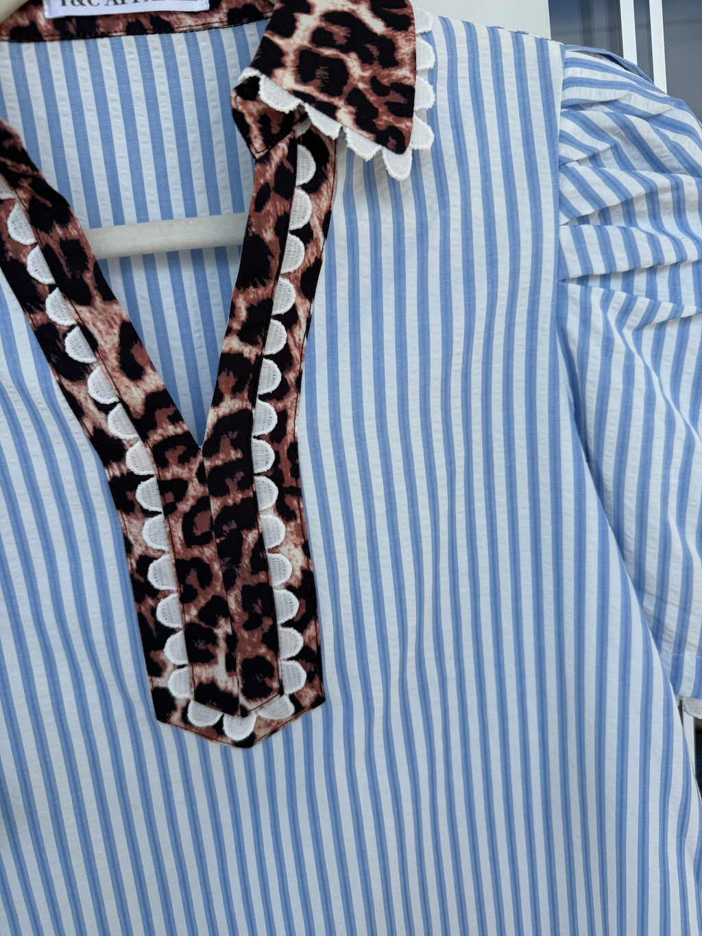 Blue Stripe Cheetah Collar Top