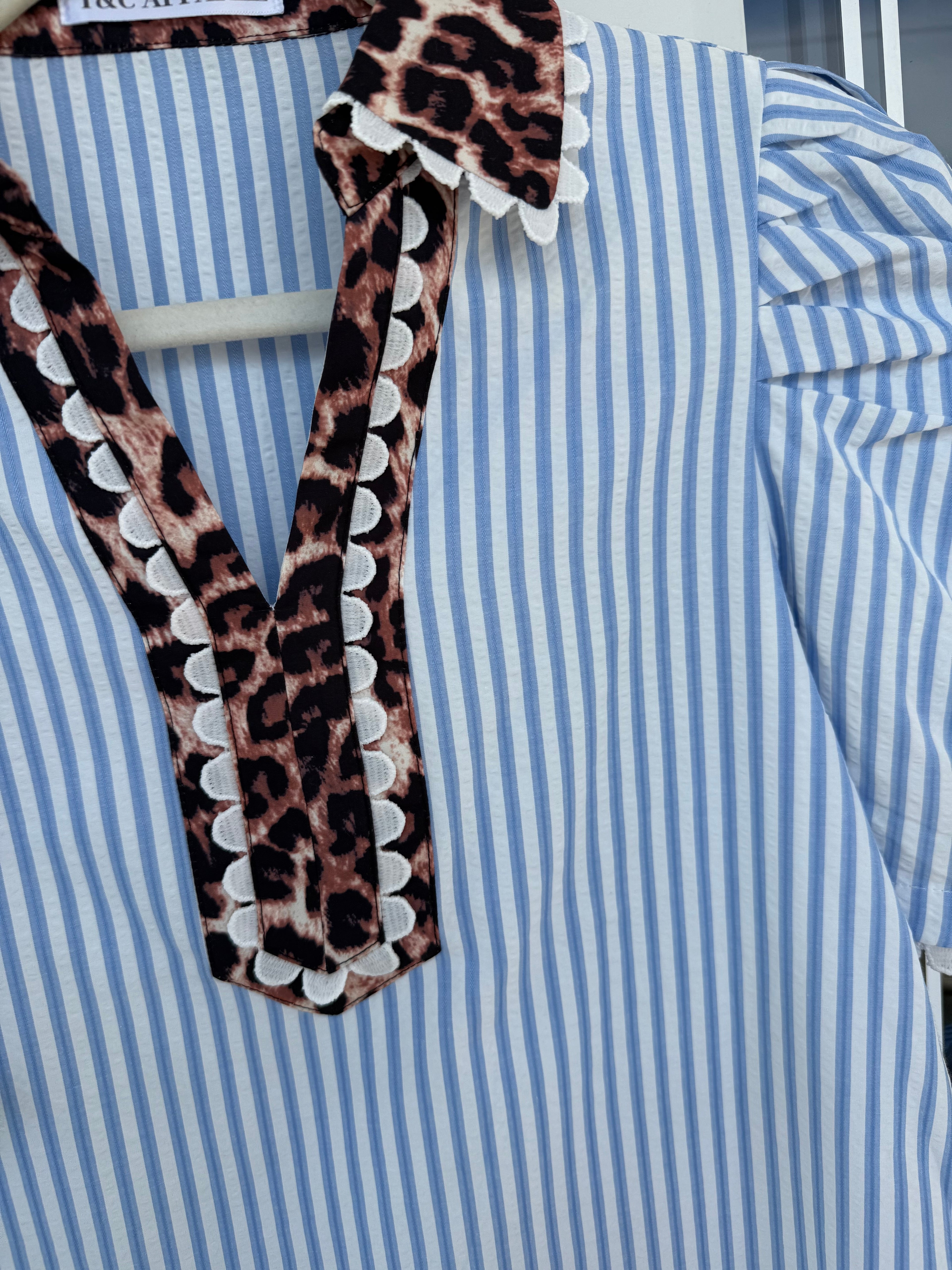 Blue Stripe Cheetah Collar Top