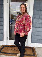 Burgundy Floral Print Scalloped Top