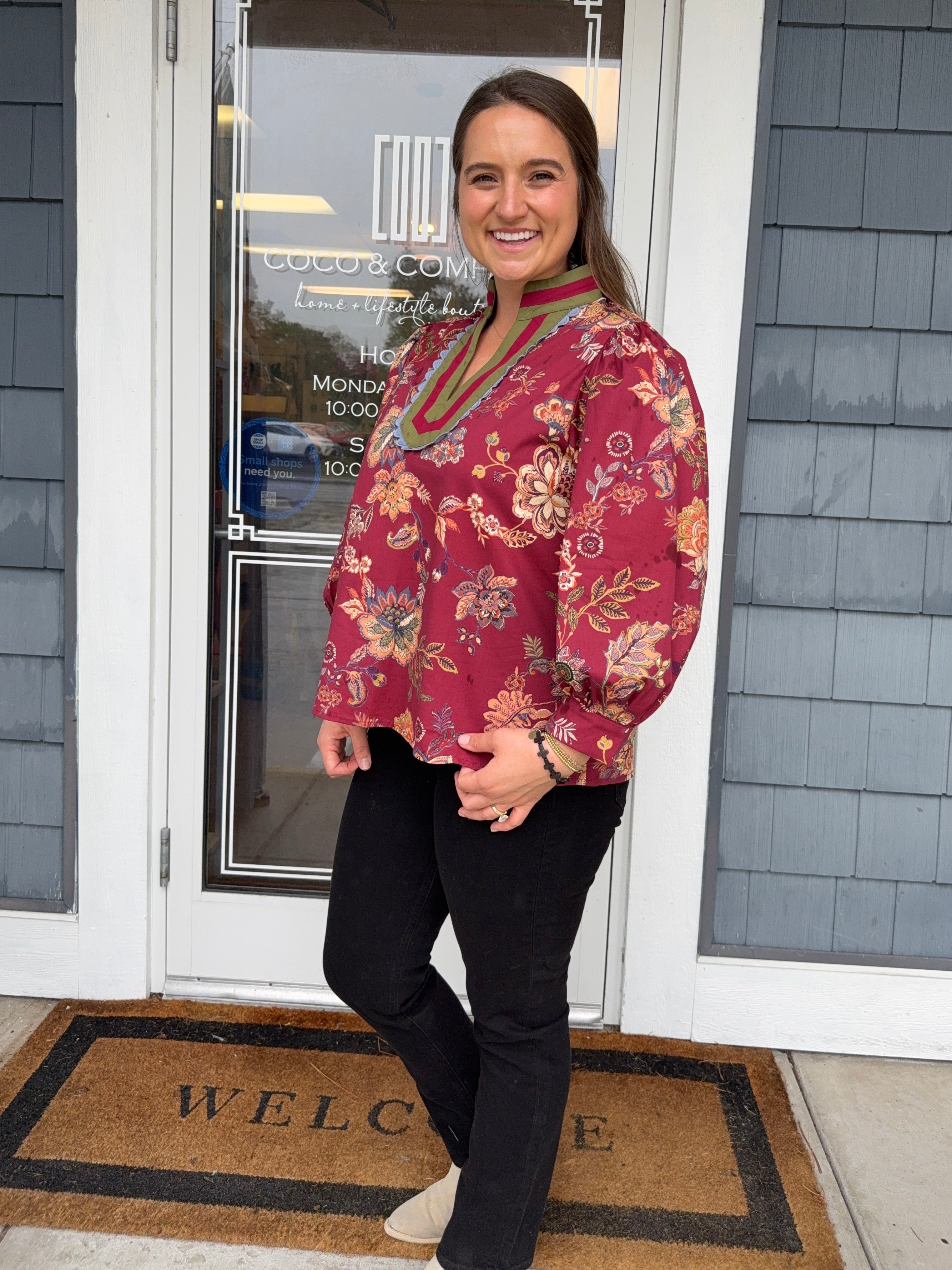 Burgundy Floral Print Scalloped Top