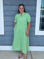 Green Printed Button Down Midi Dress