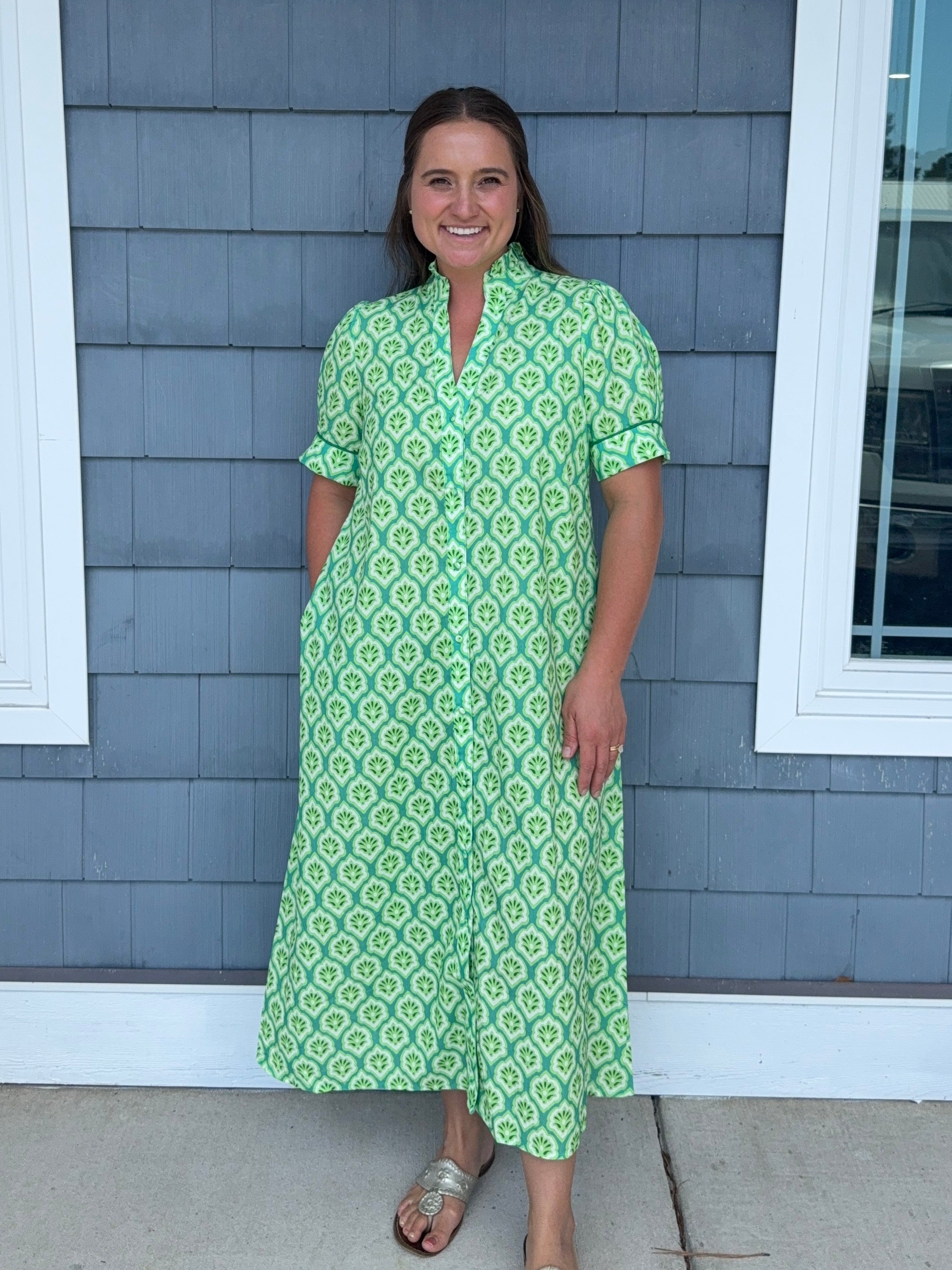 Green Printed Button Down Midi Dress