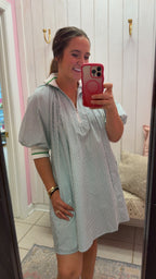Green & White Mock Neck Banded Puff Sleeve Mini Dress