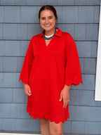 Red Scalloped Hem Solid Dress